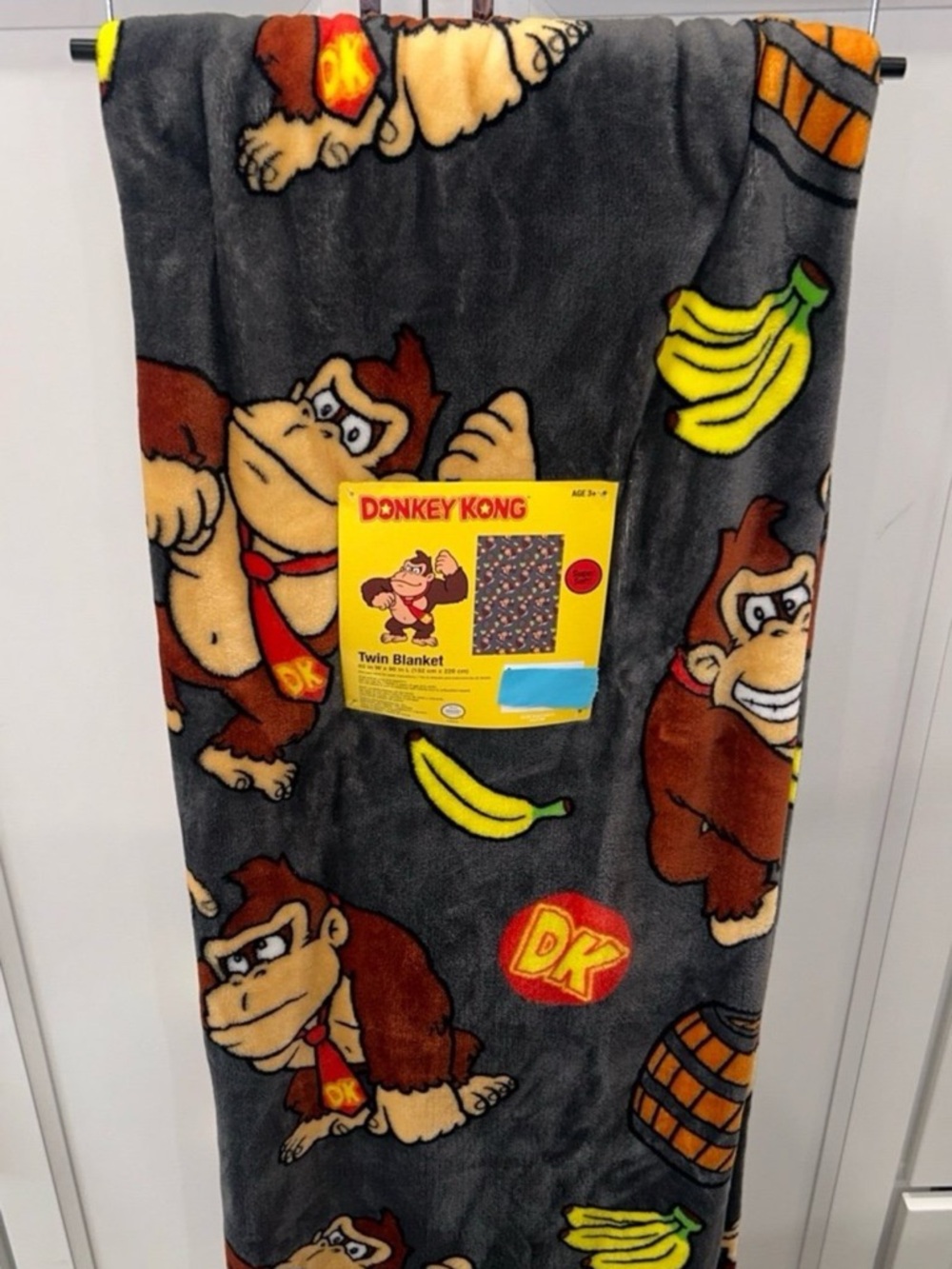Donkey Kong Twin Size Blanket - Gray with Brown Donkey & Yellow Bananas 60”x90”